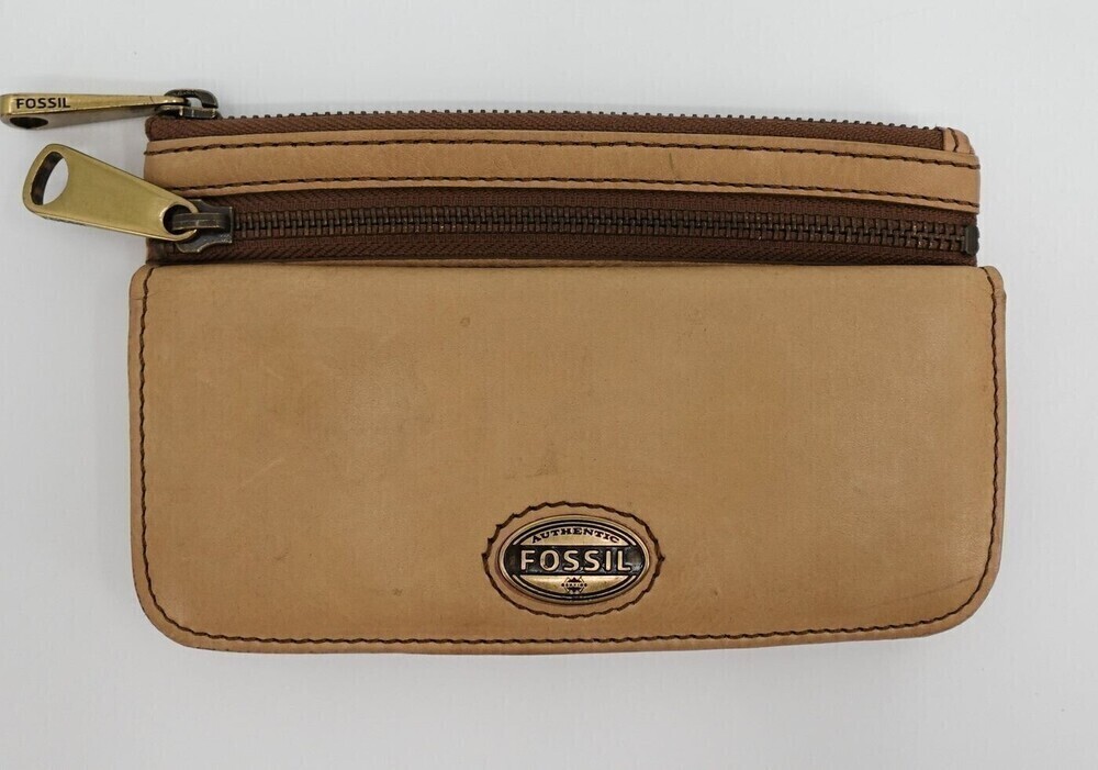 Fossil Leather Wallet Womens Tan Zip Around Card Holder Coin Purse Long Live Vin